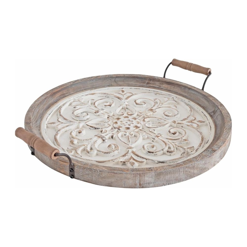 The Hillrose tray features an artisanal solid fir wood surface with two metal handles