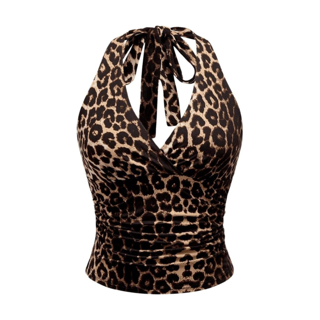 Women's Leopard Print Ruched Halter Crop Tops