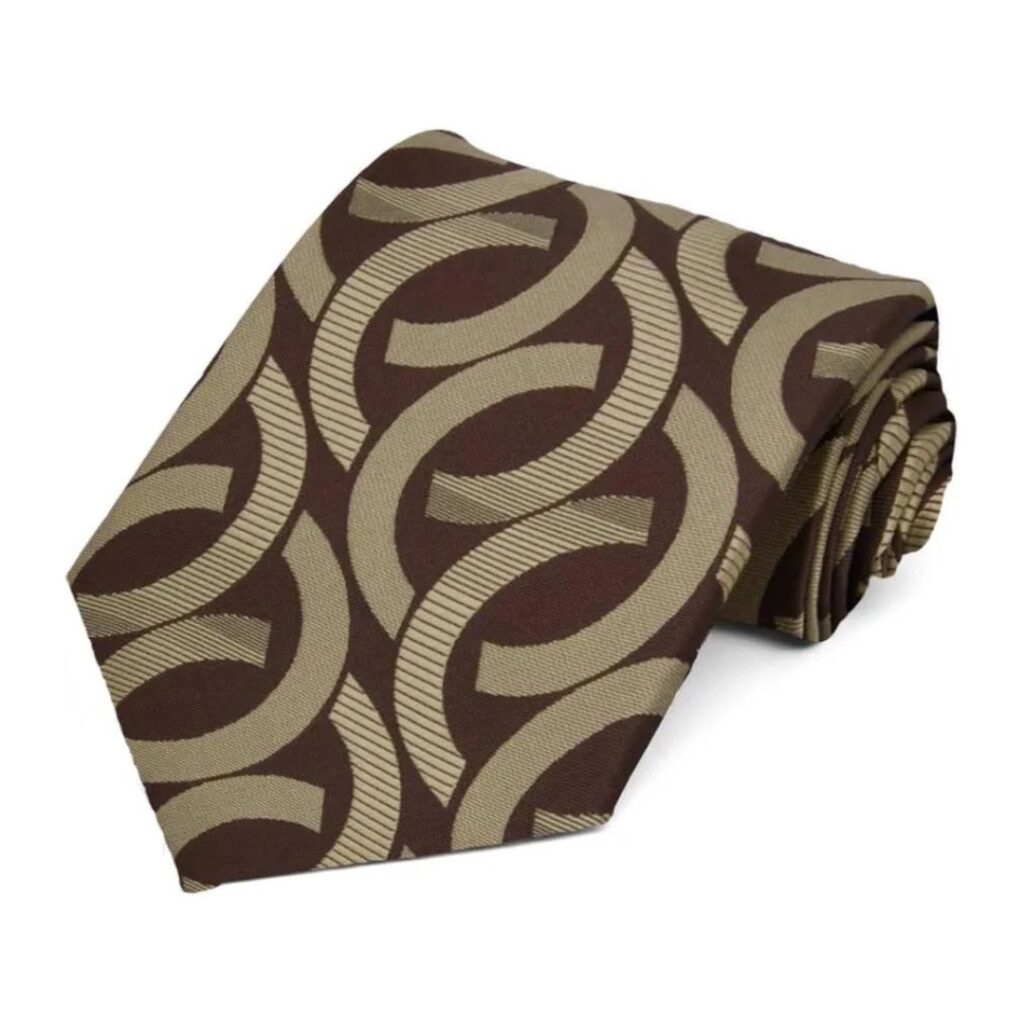 chocolate brown with a beige geometric link pattern tie